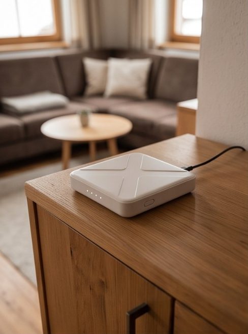 Symbolbild: Weiße, flache Basisstation auf einer Holzkommode im Wohnzimmer