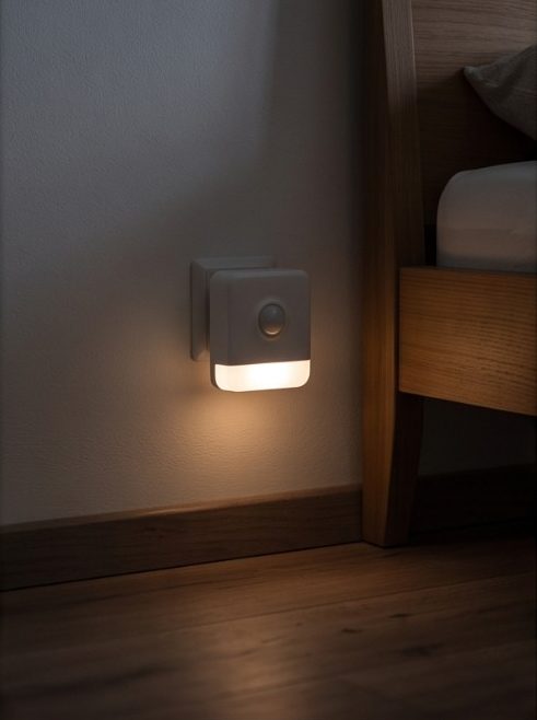 Symbolbild: Nachtlicht in der Steckdose neben dem Bett, leuchtet warm