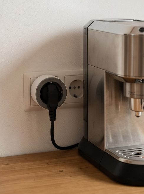 Symbolbild: Smart-Stecker in der Steckdose, daran die Kaffeemaschine