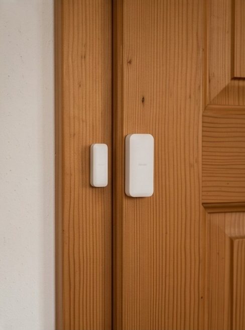 Symbolbild: Kleiner weißer Türsensor an einer Holztür